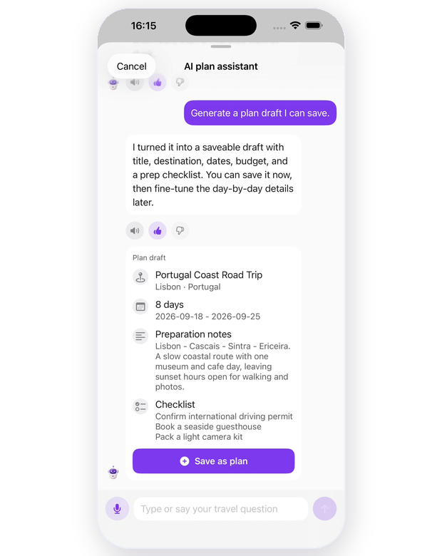 Wimemo AI travel plan screen showing a draft itinerary created from trip context