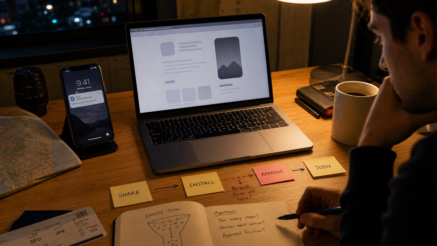 A founder maps an app invite journey across a phone, laptop, and handwritten funnel notes, with an installation hop and approval step breaking the path.