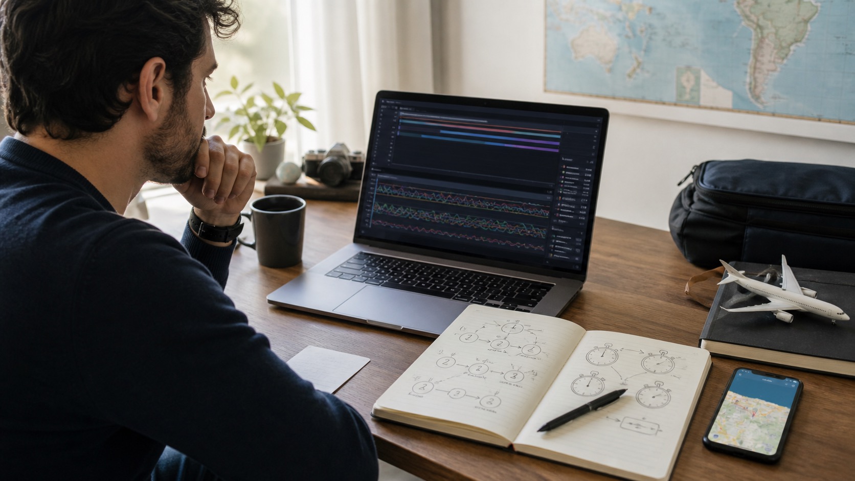 A founder studies an AI latency incident at a desk with a laptop, timing notes, and a phone beside travel-planning materials.