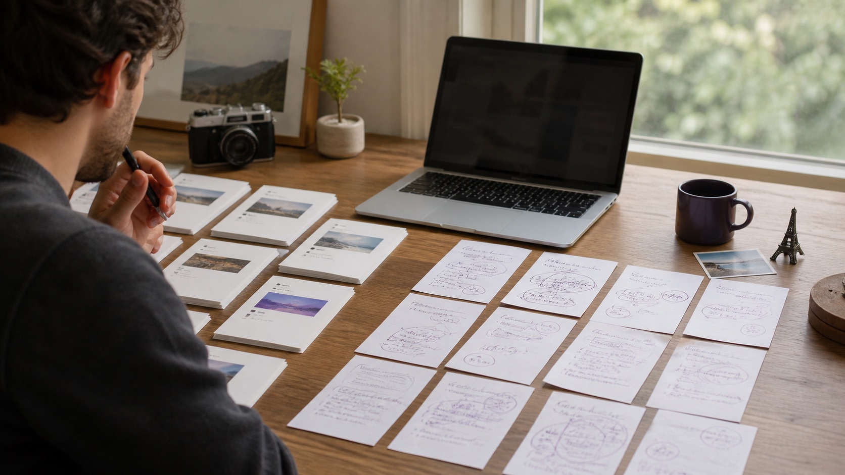 A founder reviews printed article and social-post drafts at a desk, with one discussion thread standing out beside muted engagement notes.