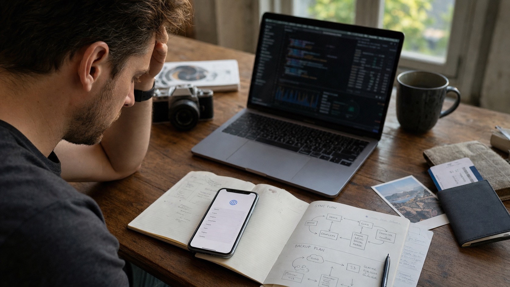 A founder studies a reinstall incident at a desk with an iPhone, laptop, handwritten sync notes, and travel mementos spread around.