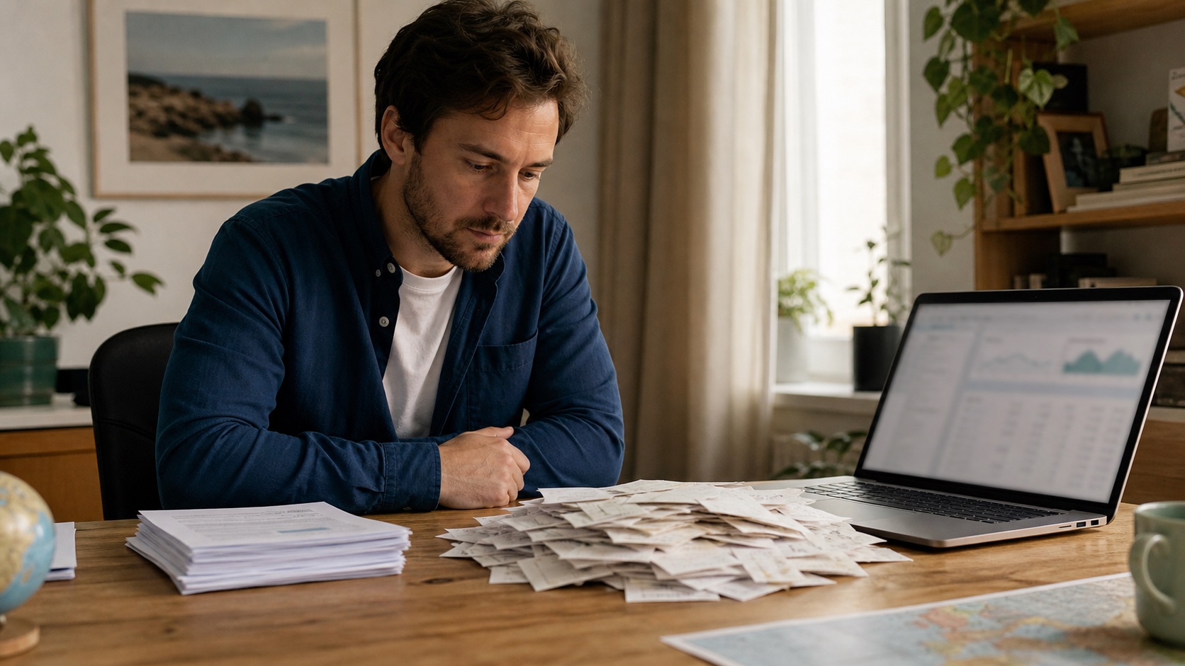 A founder compares a tidy sitemap stack with a larger pile of URL notes beside a laptop showing blurred indexing charts.