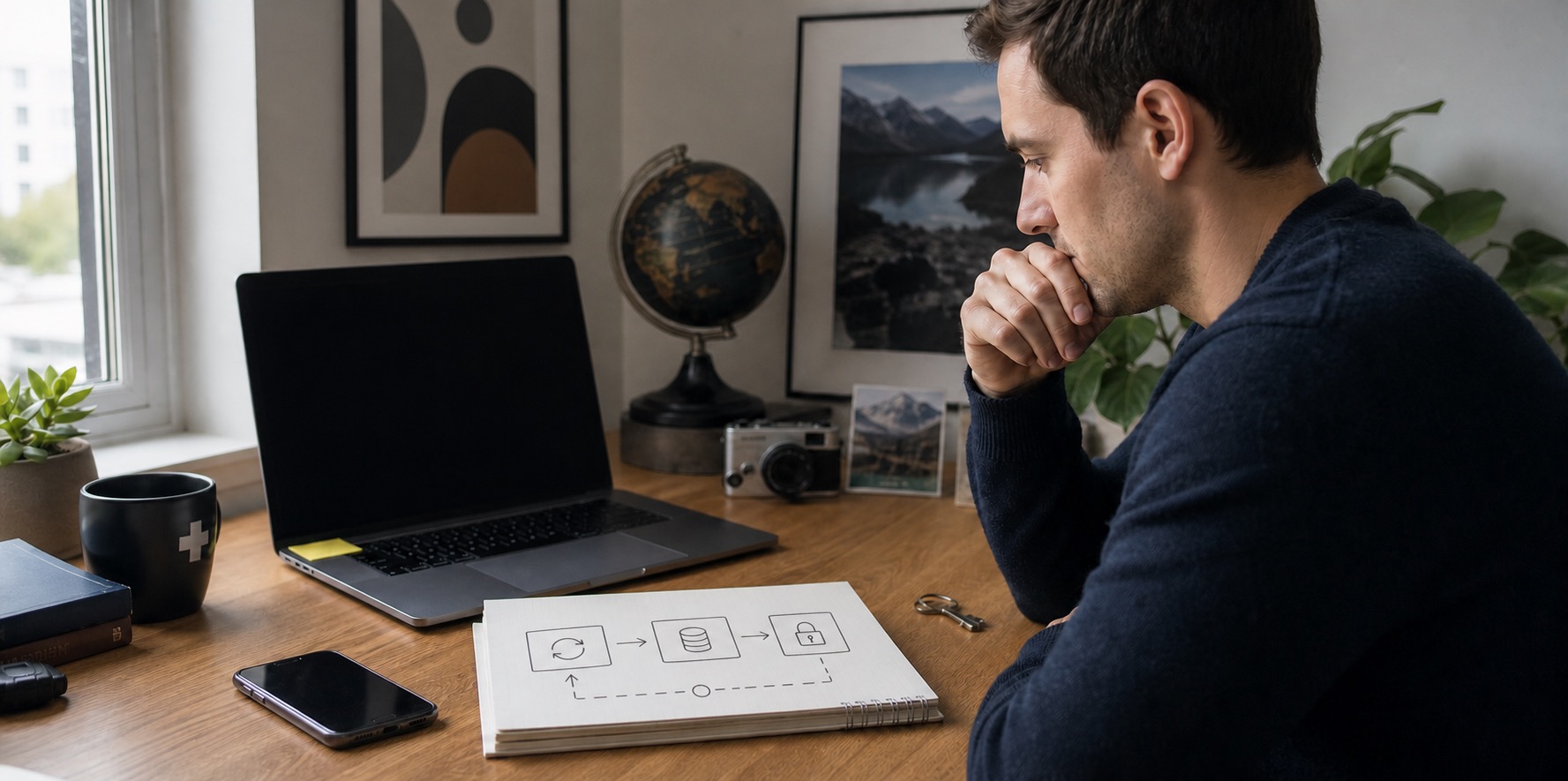 A founder studies an app authentication incident at a desk with an iPhone, laptop, handwritten session-flow notes, and travel mementos nearby.