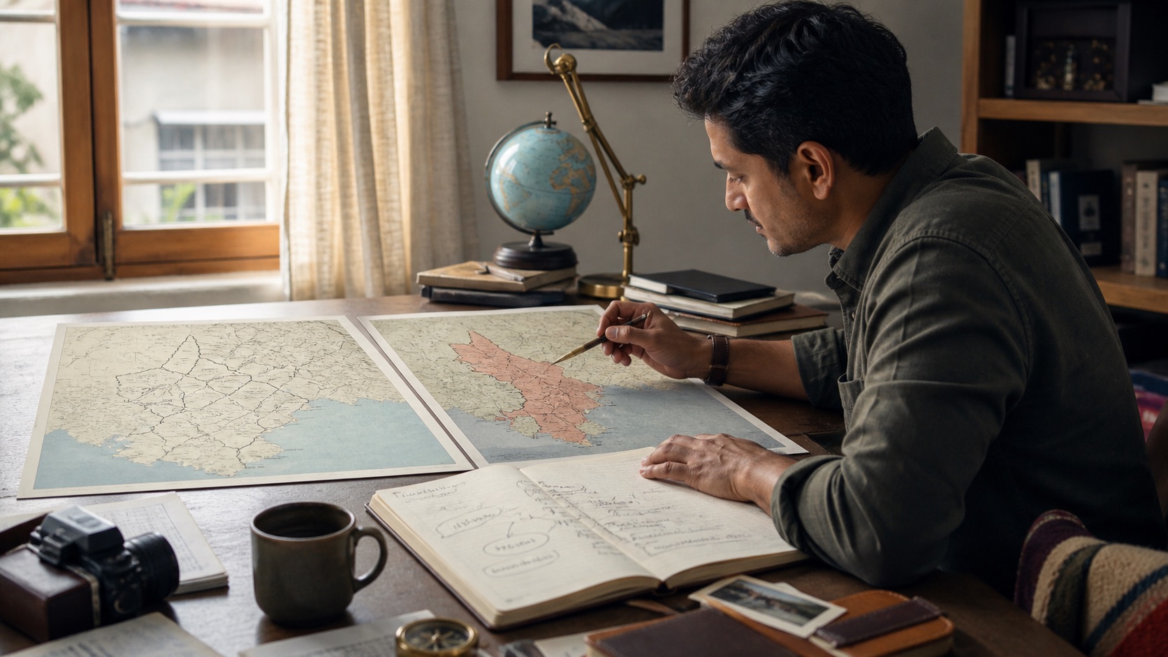 A founder studies a detailed travel map and a mismatched highlighted district beside handwritten notes about rendering and evidence.