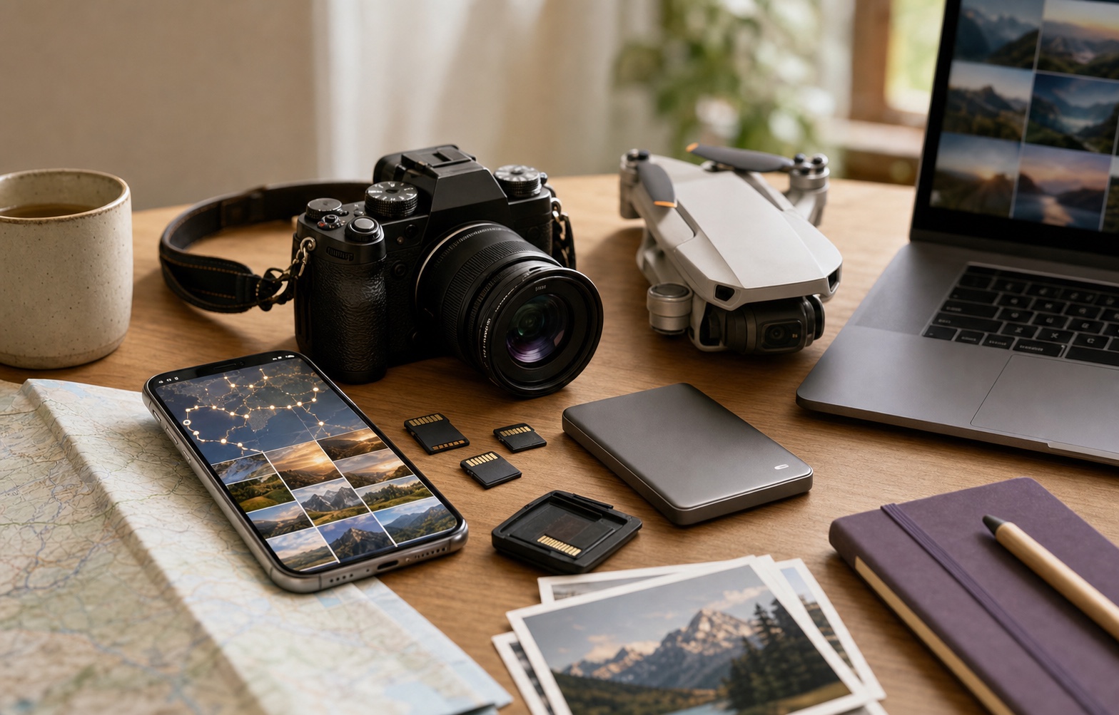 A desk with an iPhone map, camera, drone, SD cards, laptop, hard drive, printed travel photos, and a paper map.