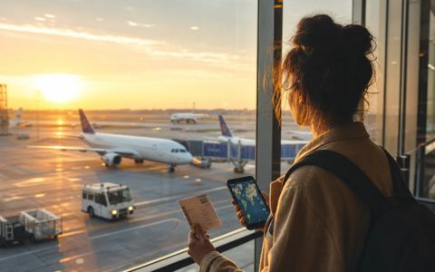 World map showing real travel destinations with photos versus crossed-out airport transit points