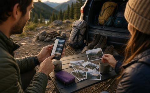 Polaroid photo frames scattered on a dark map with warm gradient route lines connecting travel pins