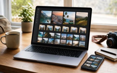 Dark gradient map background with glowing route lines connecting gold and orange travel pins, photo frames scattered as curated memories