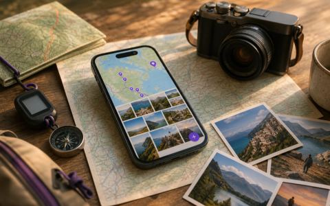 Phone showing GPS-organized travel photos on a paper map with camera gear and printed trip photos