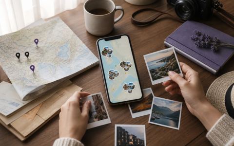 Phone and printed travel photos arranged on a paper map, suggesting an old trip being rediscovered by place