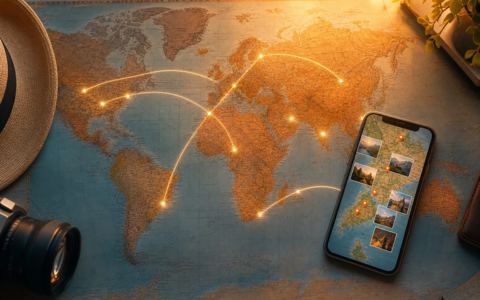 Phone, route map, transit tickets, and printed travel photos laid out as a road trip memory map