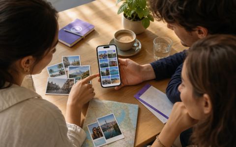 Friends selecting travel photos together around a table while keeping sharing intentional and private