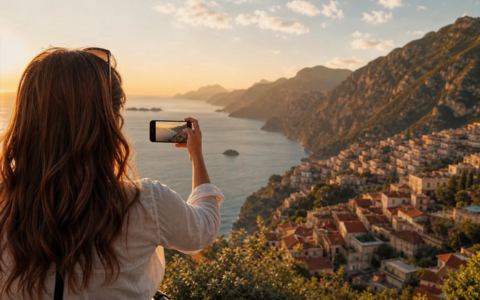 Phone full of travel photo thumbnails beside a paper map and trip objects, showing photo overload that needs a map