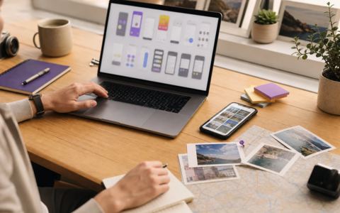Indie developer desk with laptop, phone, map, and travel photos while building a travel app