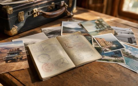 Printed travel photos and keepsakes arranged as a warm memory scene on a desk