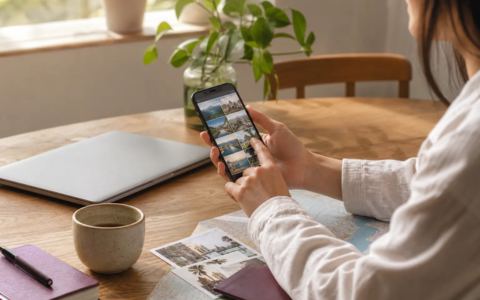 Person privately organizing travel photos on a phone at a calm desk without a social media interface
