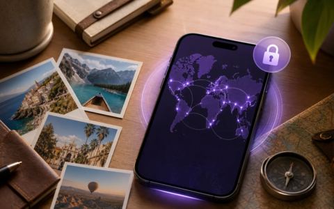 Phone and laptop on a desk with travel photos, export folders, and a privacy-focused mood about platform ownership