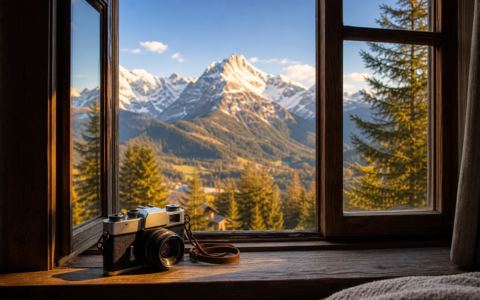 Vintage camera by a window with mountain travel photos in golden light, suggesting memories lasting for years
