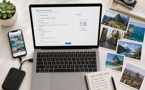 Traveler calmly reviewing private travel photos on a phone with camera gear and printed memories nearby