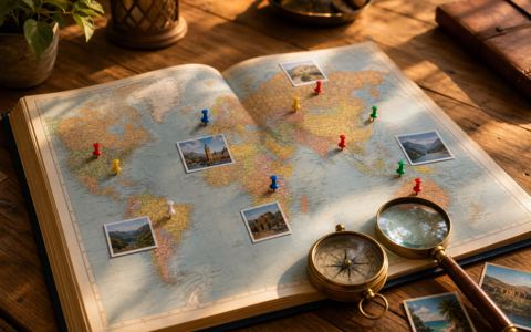 Traveler reviewing location-based trip photos on a phone beside a paper map and printed travel memories